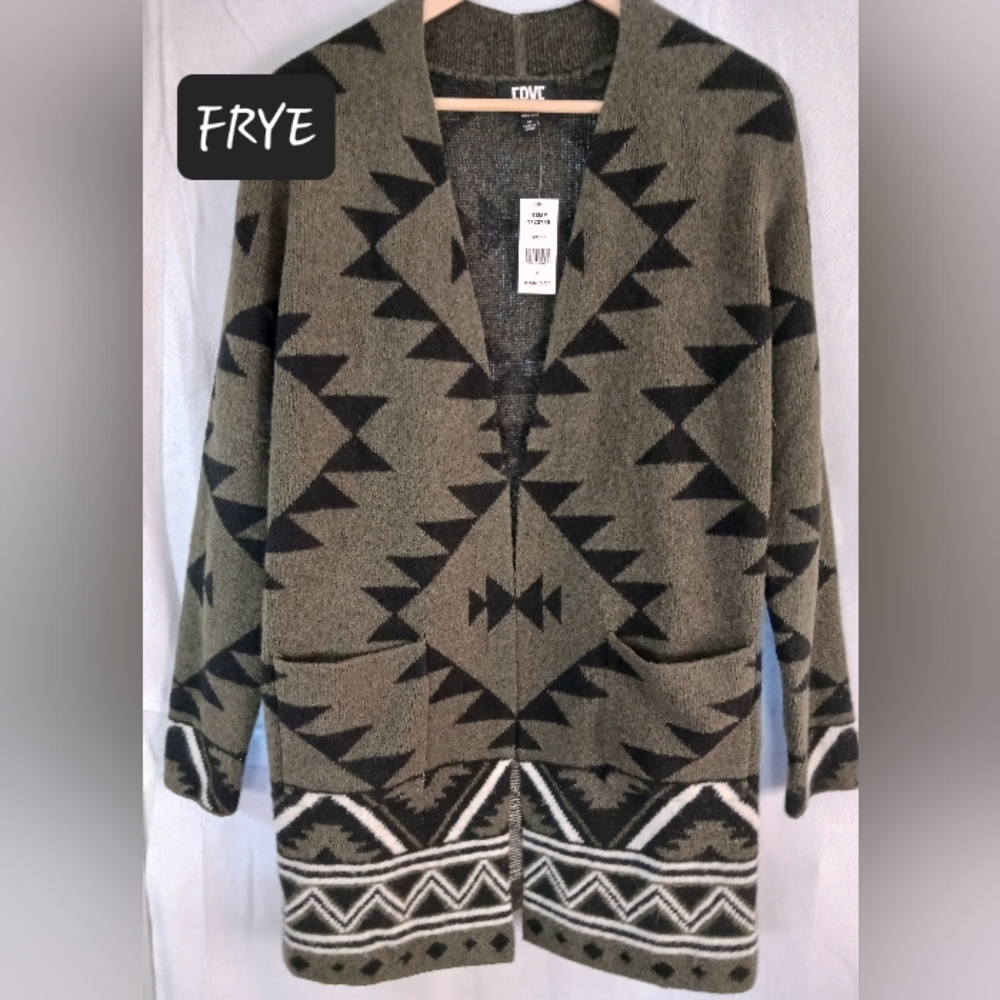 FRYE AZTEC Cardigan Sweater Womens Medium BRAND NEW! Olive Green
